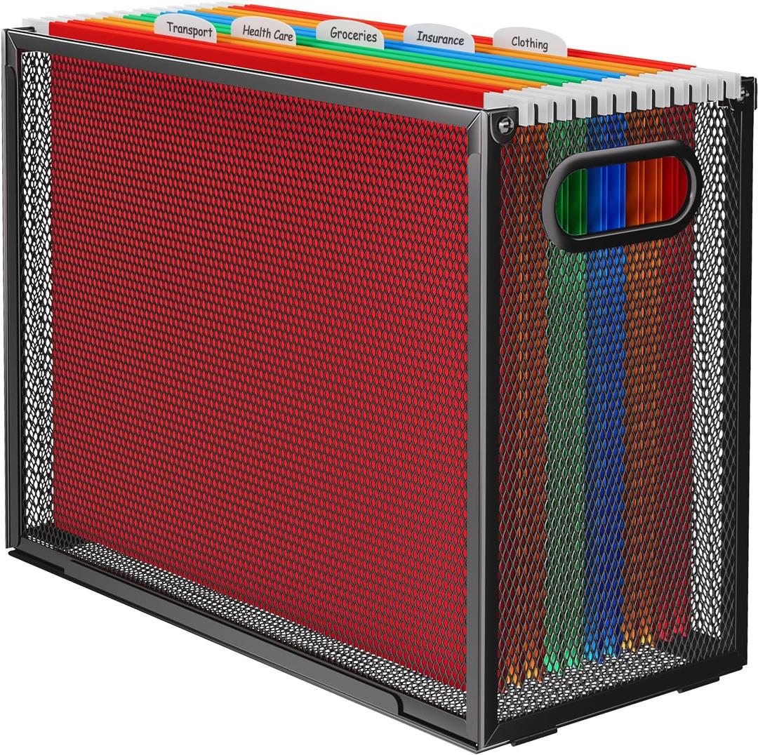 MaxGear Hanging File Organizer for Letter Size Folders, Metal Mesh File Holder with Handles, Portable Filing Crate Storage Box, Black