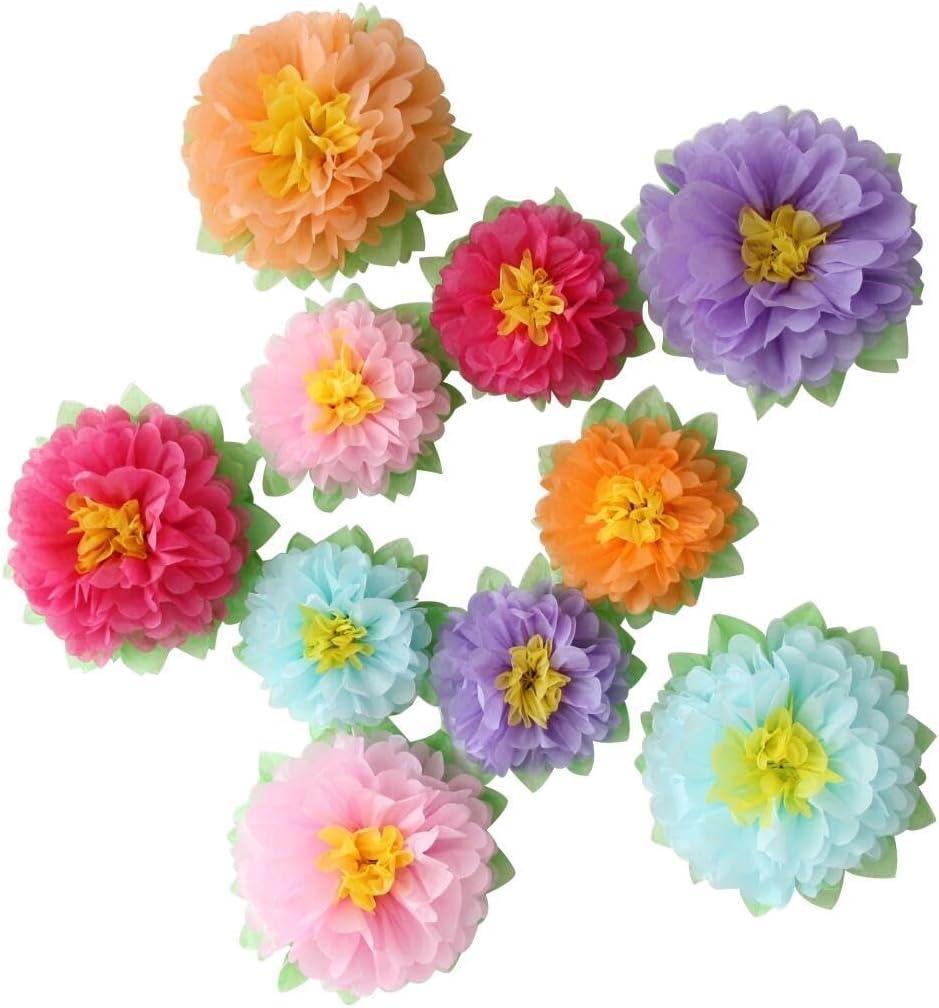 Colorful Fiesta Paper Flowers (9''-7'' Assorted) Set of 10 Outdoor Decoration Kids Birthday Carnival Rainbow Theme Party Backdrop Photo Booth Wall Decor