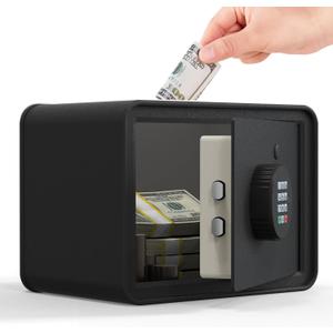 Kids Mini Safe Small Cash Box  GoldenKey Black Macaron 7x9.4x6.3 Money Security Safe with Coin & Bill Slot, Keypad & Key Lock, USB Backup, DIY Stickers, Piggy Bank for Home
