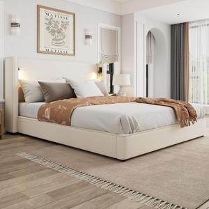 Merax California King Size Natural Polyester Linen Fabric Upholstered Bed Frame with High Wingback Headboard, Reading Lamp and USB Port, Beige
