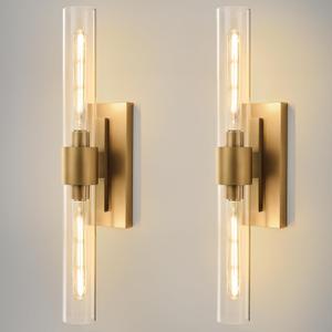 Champagne Brass Bathroom Wall Sconce - Set of 2 Modern Gold Light Sconces - Clear Glass Tube Vanity Lights - Vertical or Horizontal Mounted Dimmable Lighting Fixtures for Indoor Living Room Hallway
