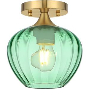 Green Glass Ceiling Light Fixture, 7" Modern Small Semi Flush Mount Ceiling Light with Glass Shade Brushed Gold Lighting Fixtures Ceiling Lamp for Hallway Entryway Foyer Sink Bathroom