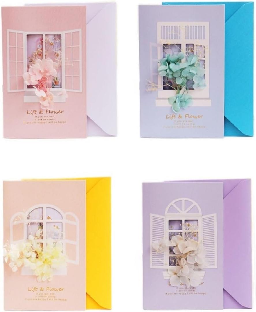 LOVEANNA Pretty Handmade Flower Elegant Baby Girl Shower Birthday Thank You Wedding Cards with Envelopes Floral Bridal Shower,4x6 Inches,4 Combinations