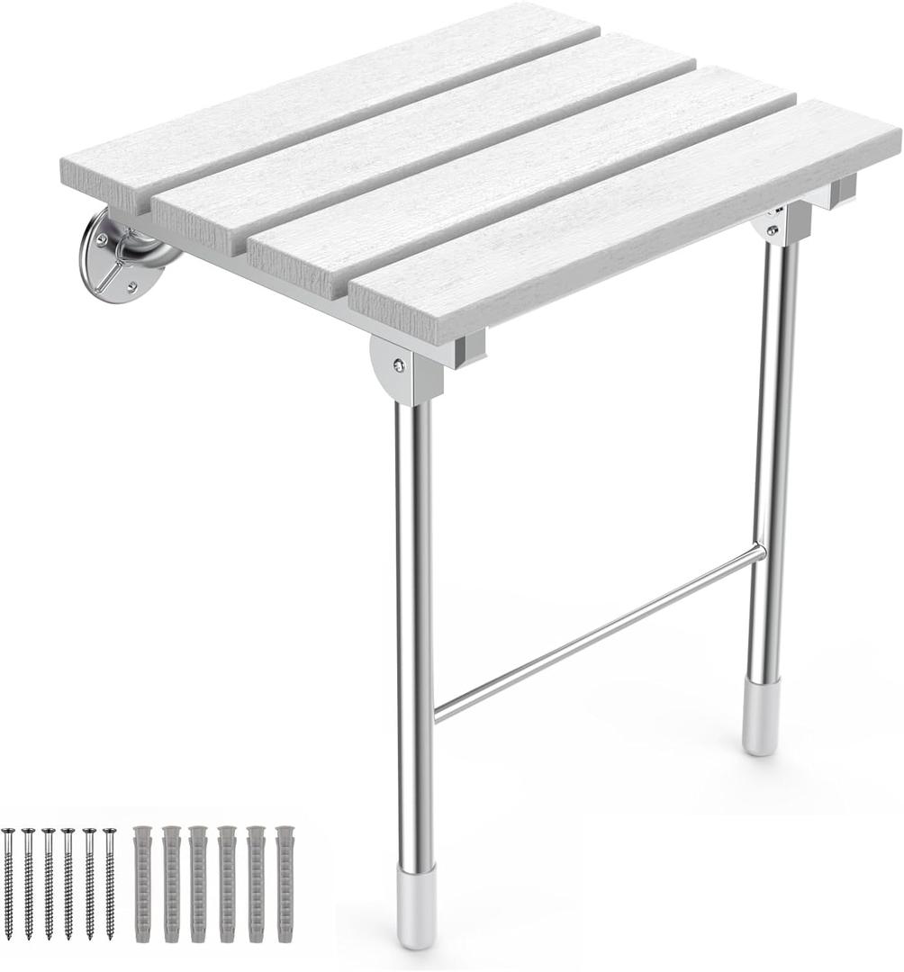 Folding Shower Seat, Wall Mounted Bathroom Safety Stool Chair with Support Legs, Foldable Wall Wood Shower Bench for Seniors (White)