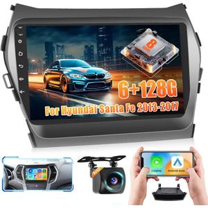 8Core 6+128G Car Radio for Hyundai Santa Fe IX45 2013-2017:Android 15 Car Stereo with Wireless Carplay Android Auto, 9'' IPS 1280 * 720 Touch Screen Bluetooth 5.0 Radio for Santa Fe with DSP GPS