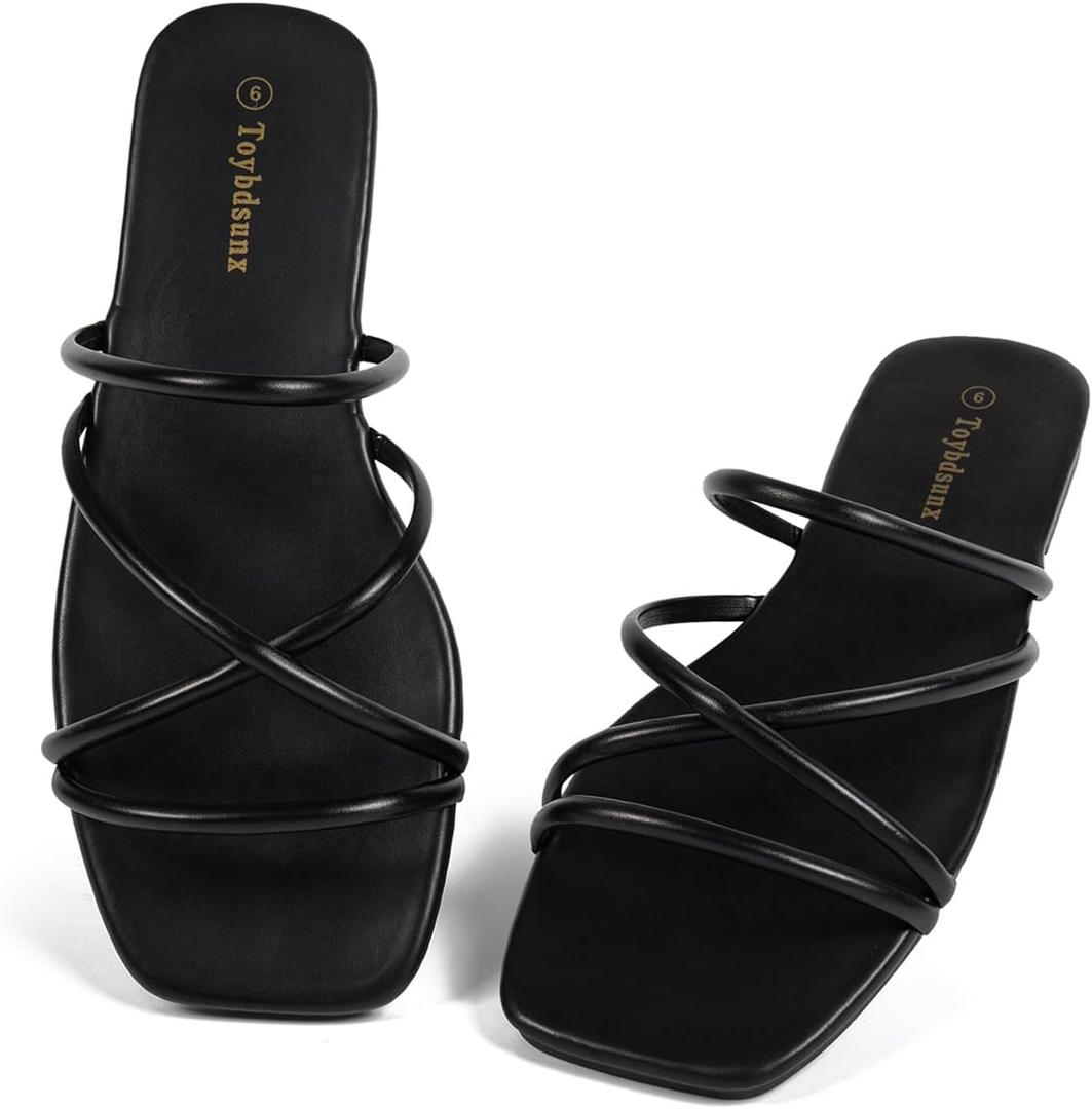 Womens Flat Sandals, Comfortable Square Toe Wide Sandals for Vacation | Comfortable Cushioned Footbed, Non-Slip Outsole and Easy Slip-on Wide Style, Perfect for Walking Everyday Wear (Black)