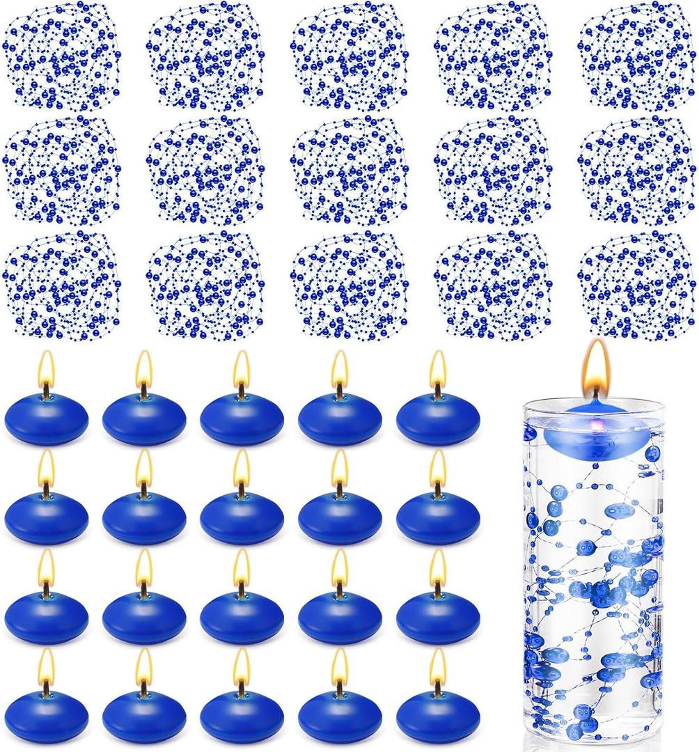 Fumete 40 Pcs Blue Floating Candles Pearl Strings for Centerpieces Small Unscented Floating Candles Vase Fillers Table Decoration for Meditation, Spa, Swimming Pool Party, Wedding Dining Table Decor