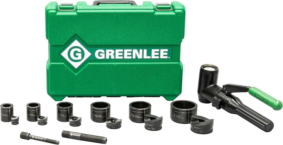 Greenlee 7906SB 8-Ton Hydraulic Knockout Punch Kit with Quick Draw 90 Knockout Driver, 1/2" to 2" Slug-Buster Punches, Dies, and Short Hydraulic Draw Studs