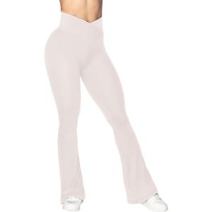 Sunzel Flare Leggings, Crossover Yoga Pants with Tummy Control, High-Waisted and Wide Leg (30in Inseam, Medium, Beige)