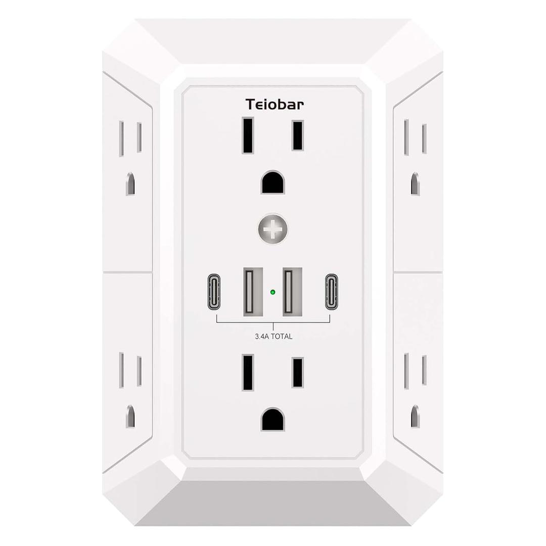 Multi Plug Wall Outlet Surge Protector - Teiobar Outlet Extender with 6 Outlets and 4 USB Ports(2 USB-C), Outlet Splitter for Home Office Dorm Room Essentials, ETL, White