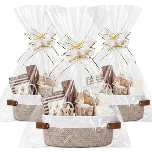 Colingmill 3 Pack Easter Small Woven Basket for Gifts with Handles Clear Bags and Ribbons Empty Storage Basket Decorative Chest Box for Easter Wedding Present(White and Khaki,12"x 8"x 5")