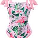 One Piece Bathing Suit for Women with Beach Cover up Wrap Skirt Swimsuit Sarong Retro Floral Print Bikini Set (Pink, XXL)