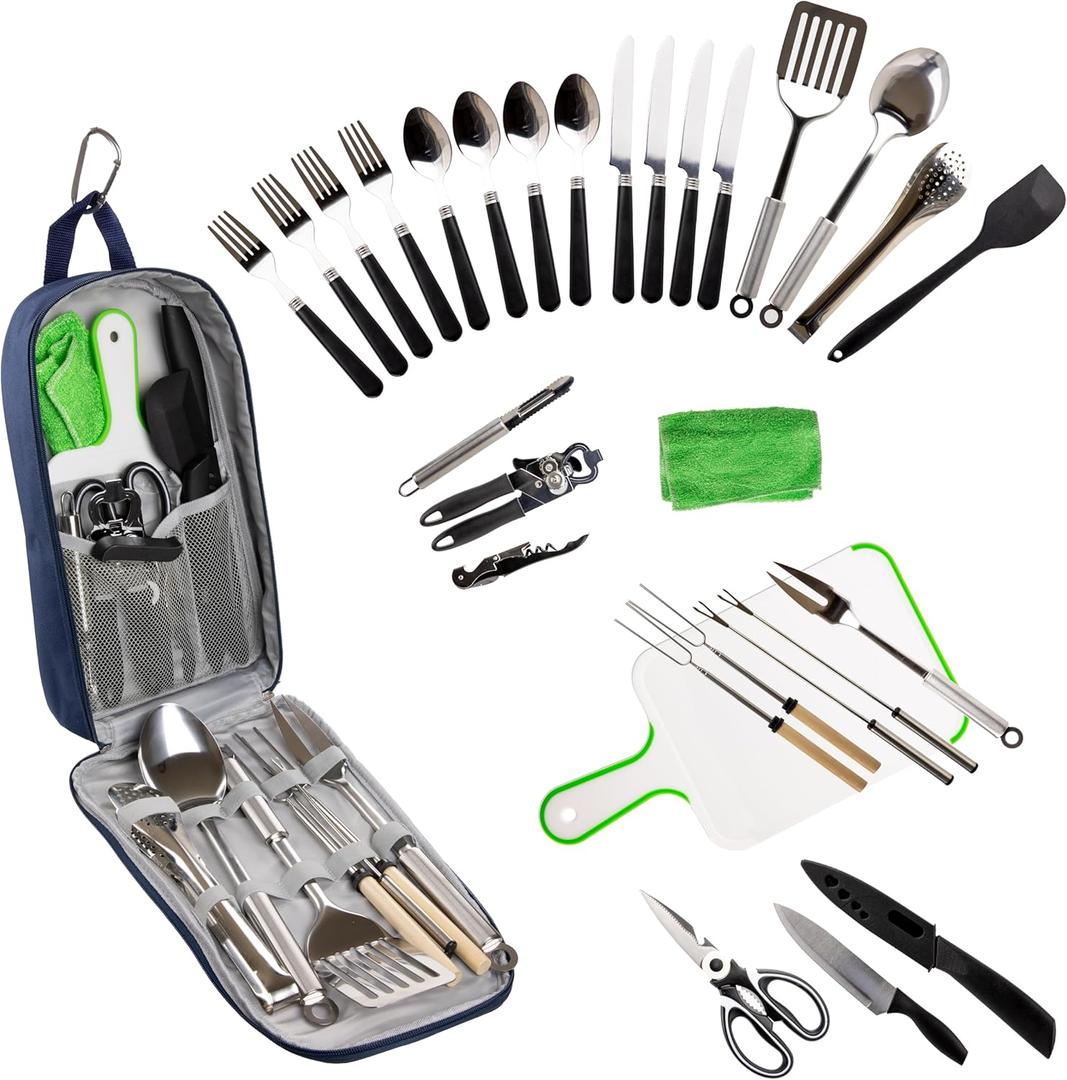 30 Pcs Camp Cooking Utensil Set & Outdoor Kitchen Gear Cookware Kit, Portable Compact Carry Case for Camping, Hiking, Travel, BBQ Grilling Stainless Steel Accessories Spoon & Fork, Navy