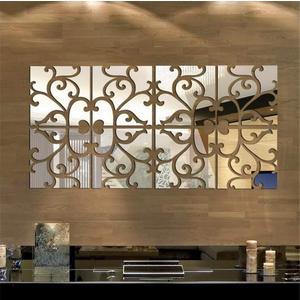 3D Mirror Wall Stickers, Acrylic Square Geometric Pattern DIY Art Decals, Self Adhesive Mirror Plastic Wall Sheet Tiles Home Decoration for Living Room Bedroom Stair Wall Decor (Floral- 8pcs)