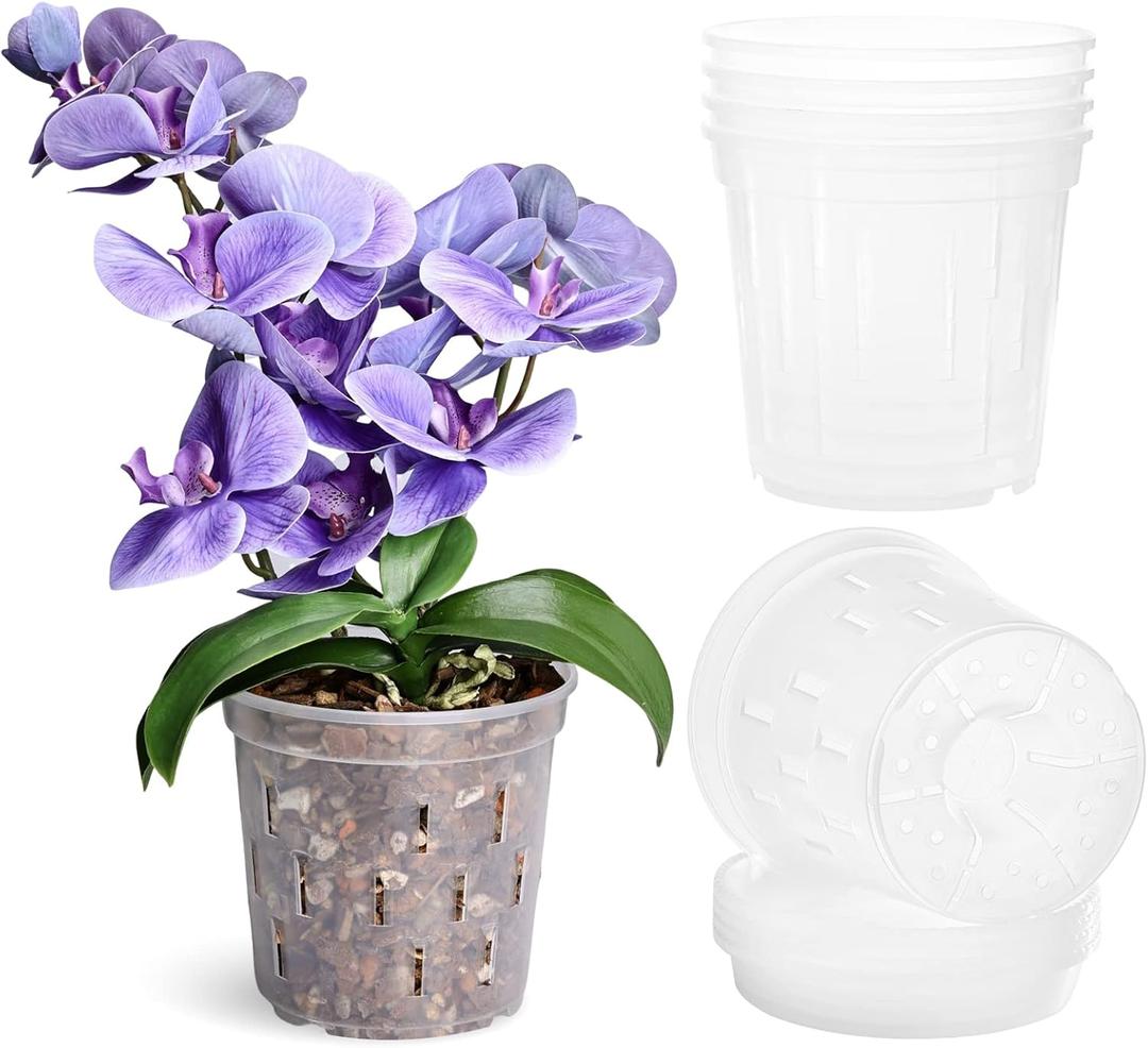 TRUEDAYS 4 Pack Orchid Pot with Saucers, 6 Inch Clear Orchid Pots with Holes, Plastic Planter with Trays, Breathable Slotted Orchids Planters for Indoor Outdoor Plants (6Inch-4Pack with 4 Saucers)