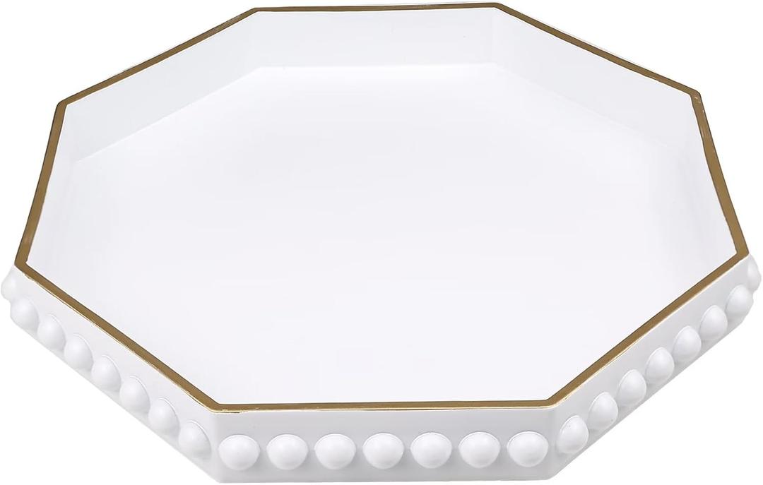 SforGUVA White Serving Tray for Coffee Table, Octagonal Beaded Plastic Decorative Tray for Ottoman, Kitchen Counter, Living Room, Outdoor Lacquer Tray for Entertaining (13" x 13" x 1.6")