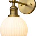 PERMO Vintage Wall Sconce Bedroom Sconce Globe Vanity Wall Light Milk White Glass Shade Wall Light Lamp Fixture (Antique Gold) (Heardwired)