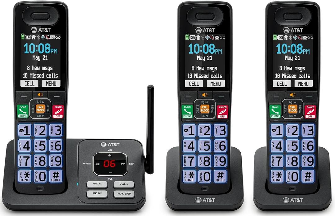 AT&T Cordless Phone, Landline Phones for Home with Smart Call Blocker, 3 Handsets Bluetooth Phone, Large Color Display, Big Buttons, Long Range, Digital Answering System: BL108-3 (Charcoal & Silver)