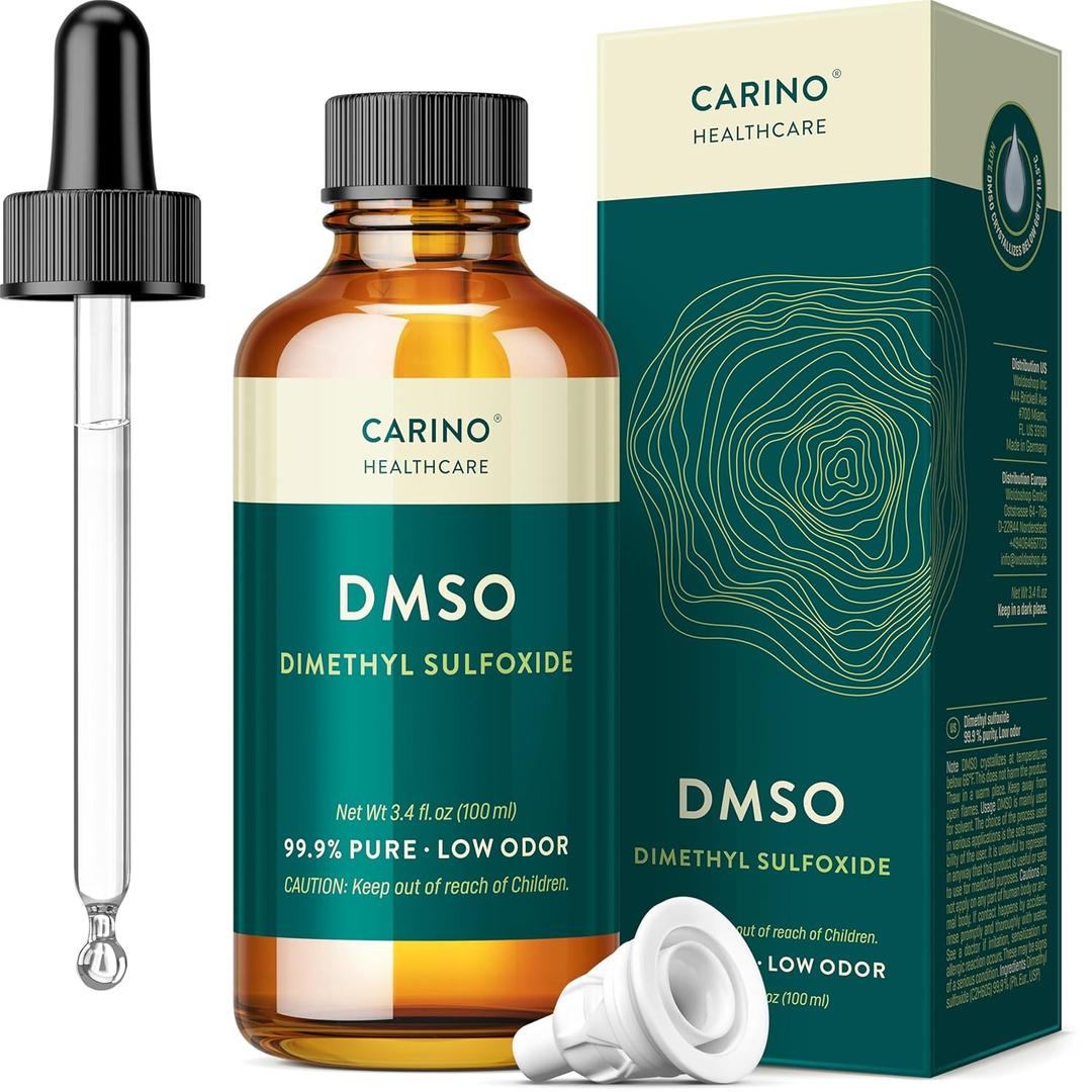 Carino HealthCare DMSO 99.9% Pharmaceutical Grade - FT-IR Verified Dimethyl Sulfoxide in Amber Glass Bottle with Pipette & Dropper Cap 3.38 oz