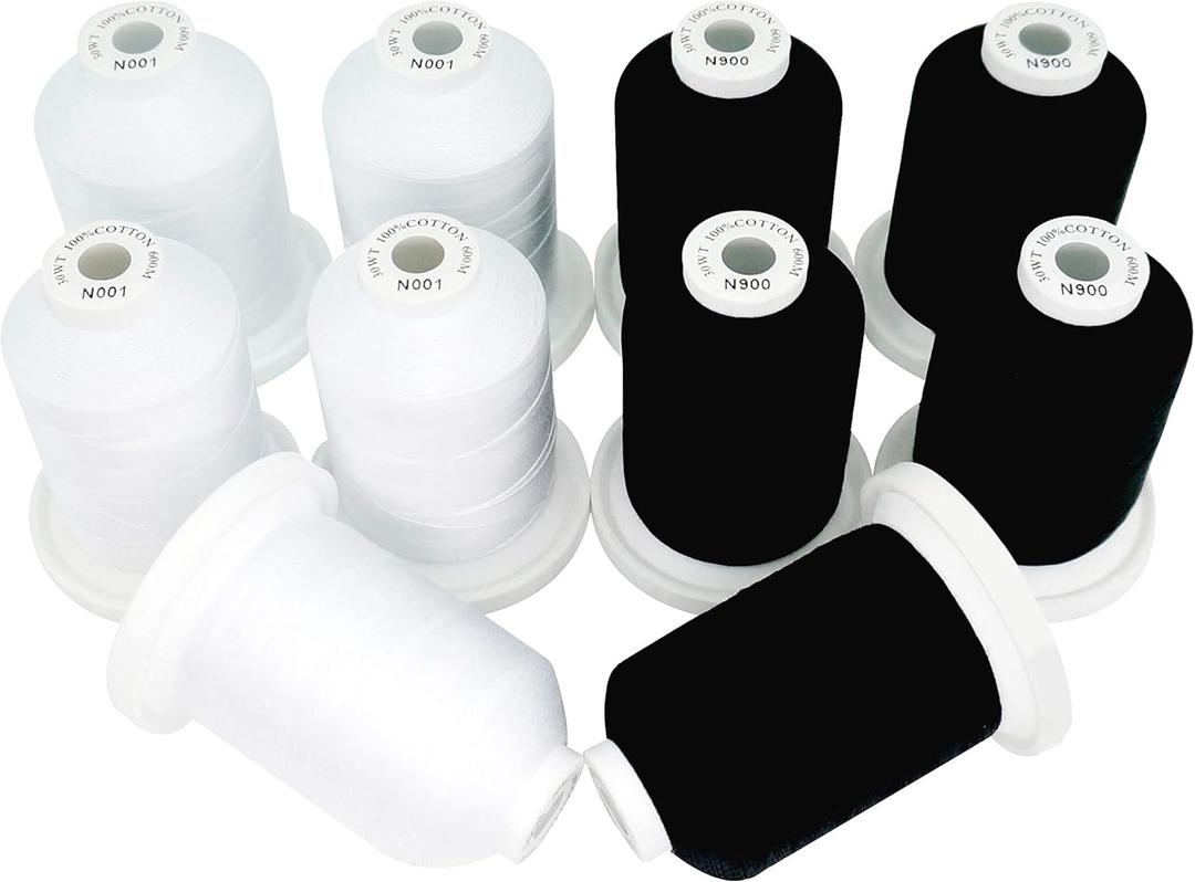 New brothread - 18 Options - Multi-Purpose 100% Mercerized Cotton Threads 50S/3 600M(660Y) Each Spool for Quilting, Serger, Sewing and Embroidery - 5 White+5 Black Colors