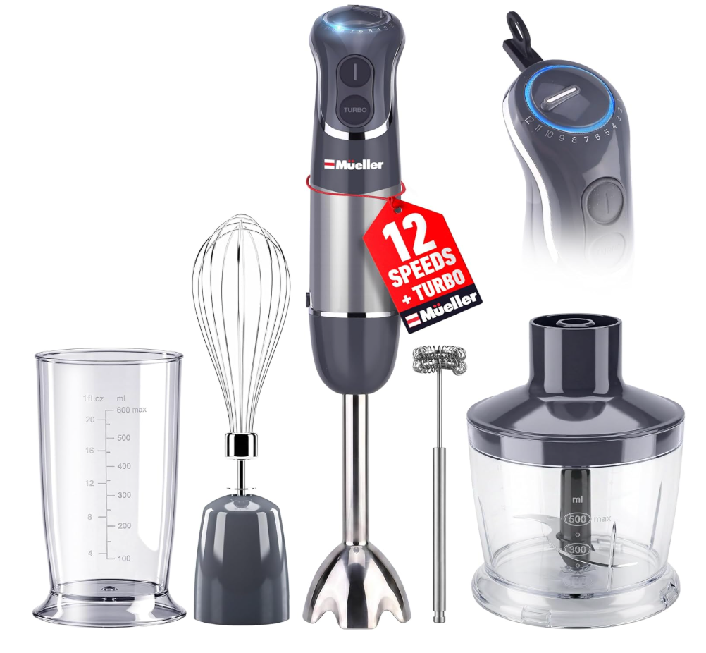 Mueller Multistick 5-in-1 Immersion Blender Handheld,12 Speed Hand Mixer-Turbo Boost,Heaviest Duty Copper Motor,Titanium reinforced Blades Hand Blender,Milk Frother Wand,Whisk,Beaker,Chopper,Grey