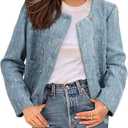 Happy Sailed Womens Cropped Tweed Blazers Casual Long Sleeve Double Breasted Open Front Blazer Jackets Work Suits (Medium, Blue)
