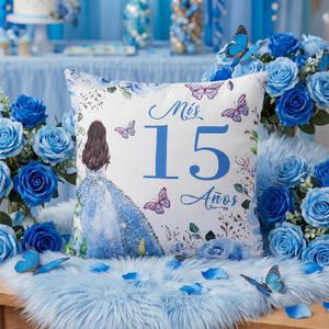 Kathfly Cojines para 15 Aos De Quinceaera Decoration 16 x 16 Inche Blue Quinceaera Pillow Gifts Mis Xv Aos Throw Pillow Sweet for Daughter Sister Friend 15th Birthday Gifts