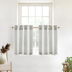 DriftAway Kitchen Curtains Striped Tier Linen Short Curtains Pinstripe Cafe Curtains 24 Inch Length for Living Room Bathroom Chris Farmhouse Rustic Curtains Rod Pocket 2 Panels Gray
