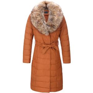 Women's Puffer Jacket Winter Plush Lining Long Coat with Removable Fur Collar Hooded and Belted 5528 Camel, Large
