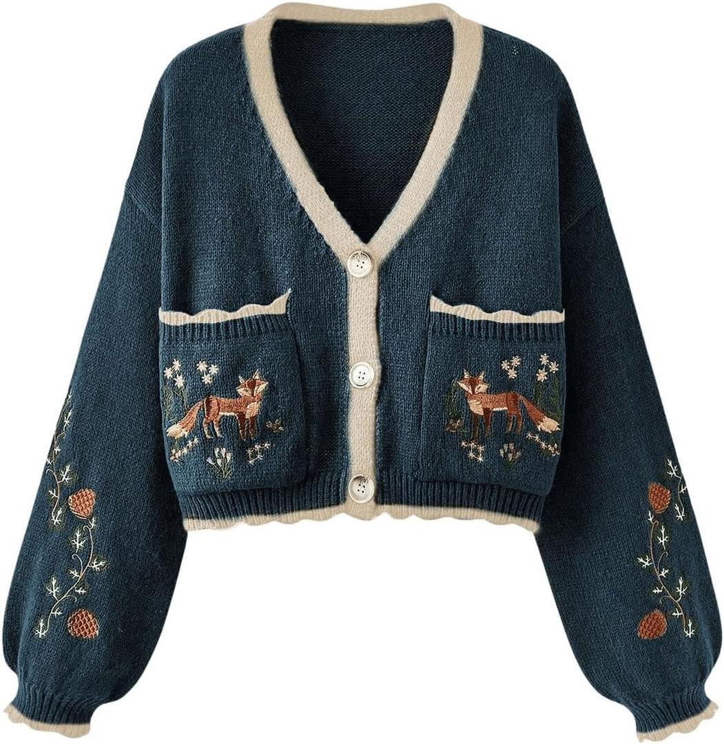 Women's Flower Embroidery Cardigans Sweaters Long Sleeve Button Down Knitted Loose Outwear (Medium, Blue)