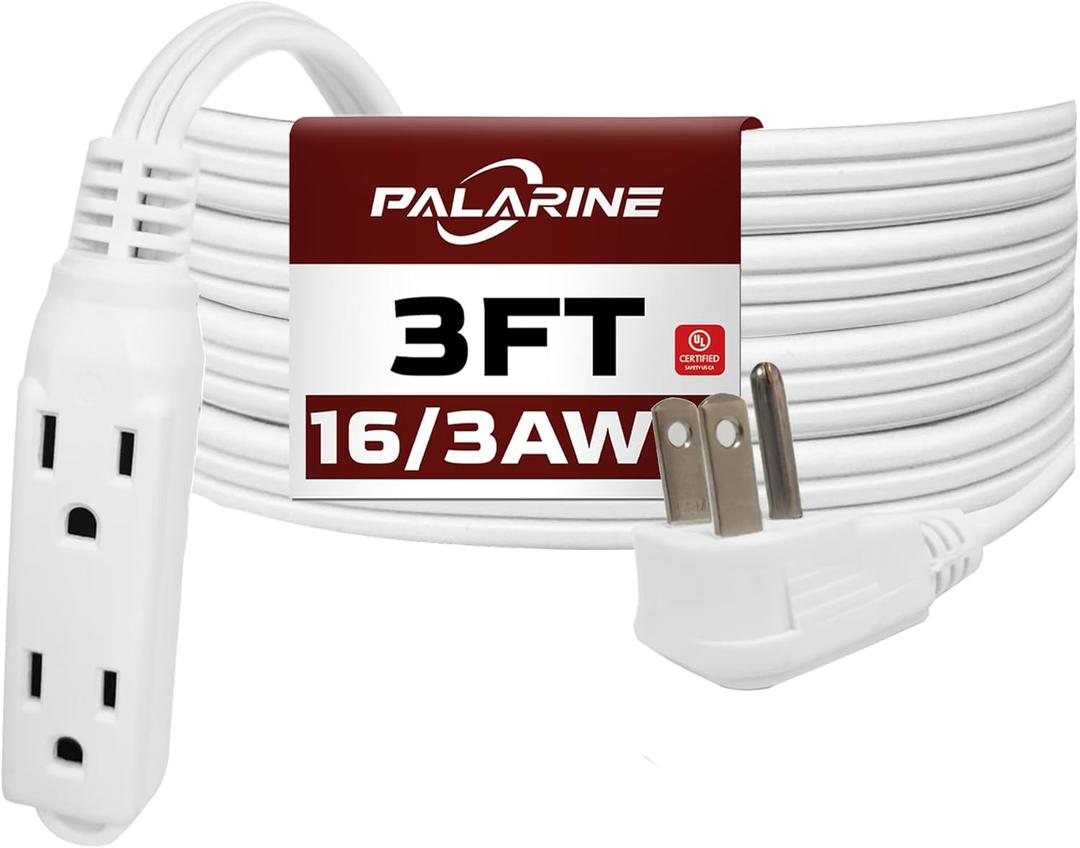 Flat Plug Extension Cord with 3 Outlets Extender, Indoor Extension Cord Power Strip, 16 Gauge 3FT White 3 Prong, 16/3 SPT-3 13A, UL Listed
