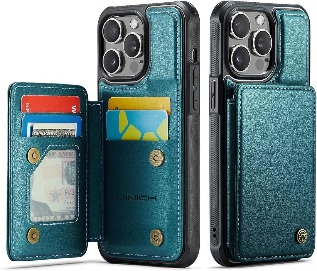 Vinich for iPhone 14 Pro Wallet Case with Card Holder, RFID Blocking Credit Slots Kickstand Shockproof Phone Cover Fit for iPhone 14 Pro 6.1" Bluish Green
