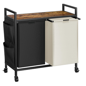 WOWLIVE Double Laundry Hamper with Lid,Rolling Laundry Basket Organizer with Wheels, Iron-Made Laundry Sorter with Top Shelf and 2 Removable Bags,Large Clothes Storage for Room,Black and Beige