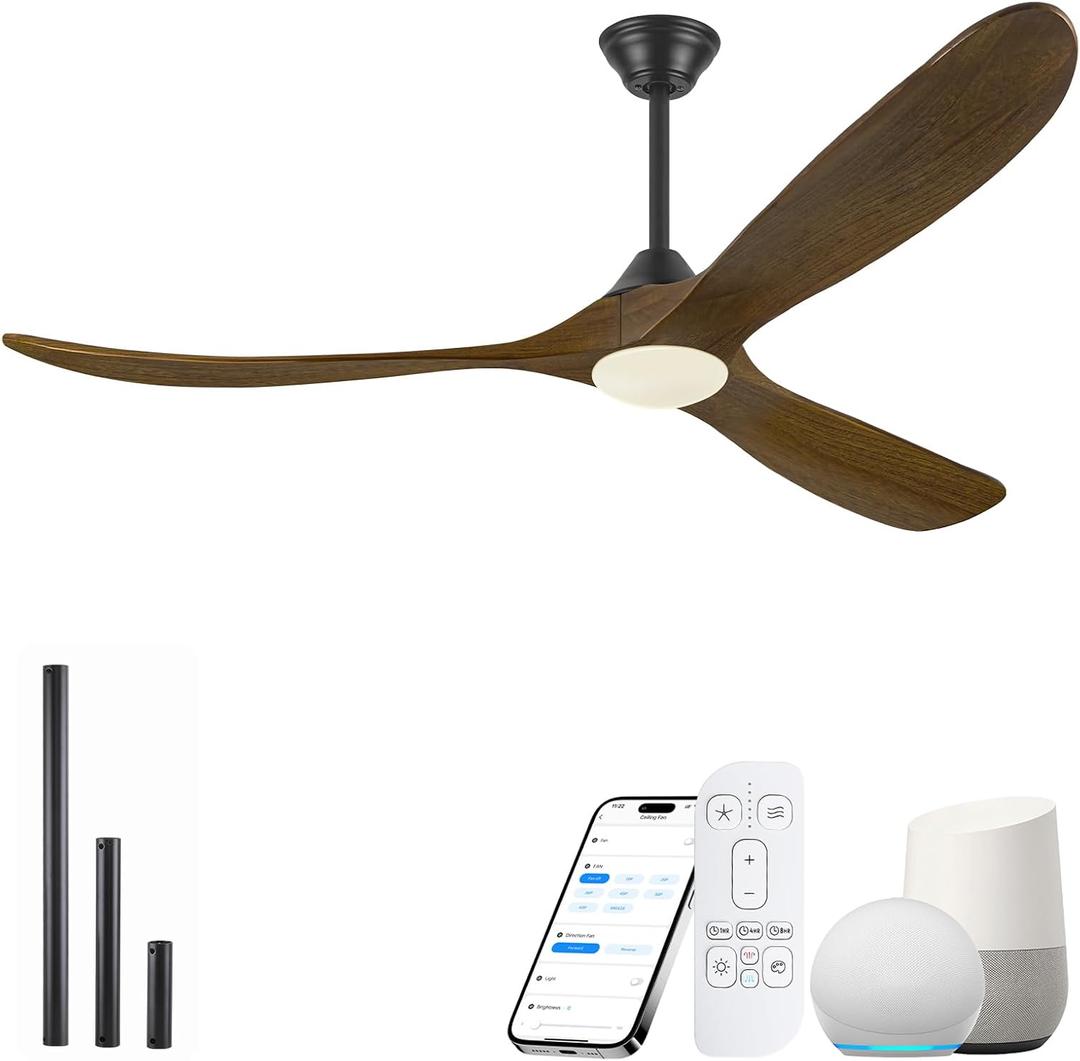60" Outdoor Ceiling Fan with Light, Rustic Wifi Smart Ceiling Fan with Remote/APP/Alexa Control, 3 Wood Blade Propeller DC Ceiling Fans for Indoor Exterior Patios Porch Garage, Quiet Energy Efficient