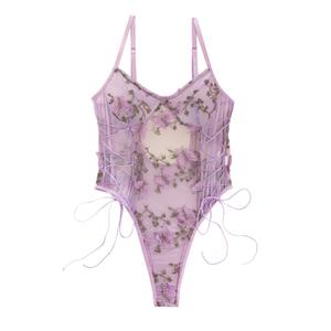 Lilosy Plus Size Women Sexy Lace Up Floral Embroidered Teddy Babydoll Lingerie Bodysuit Top Mesh Sheer One Piece See Through Butterfly Light Purple 3X-Large