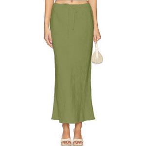 Linen Maxi Skirts with Lining Drawstring Flowy Flared Long Skirts for Women (Small, Green)