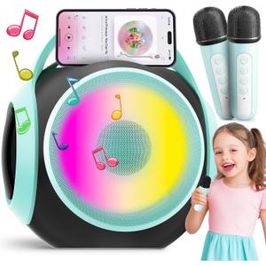 All Rounder Karaoke Machine for Kids Teens, Portable Bluetooth Karaoke Speaker Includes Two Mics, Voice Changer, Light Effects, Bass Tremolo, Supports USB/TF/AUX/Bluetooth for Home Party (Light Green)