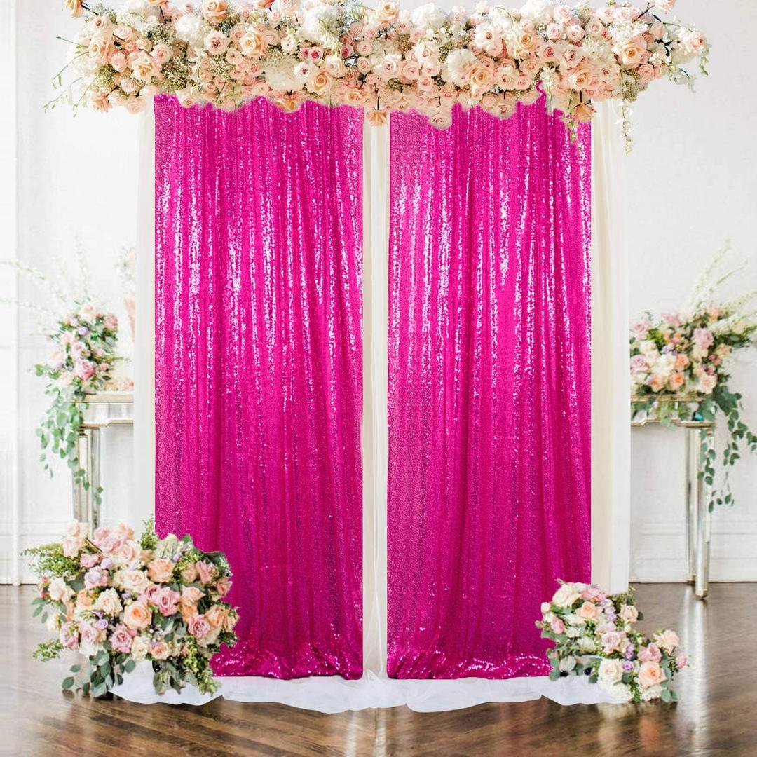 AMZLOKAE Curtains 2 Panels Hot Pink 2FTx7FT Glitter Backdrop Curtains Sequin Shower Curtains 84 inch Long Fuchsia Sequin Photography Backdrop for Weddings Photo Booth Hanging