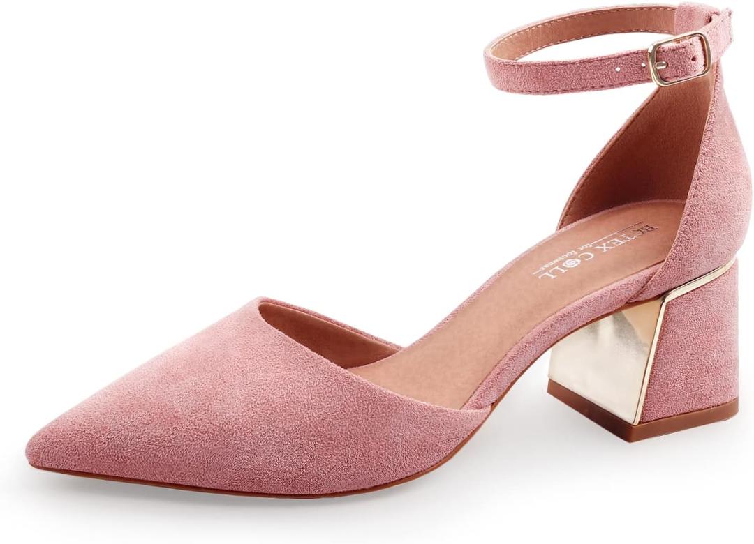 BCTEX COLL Womens Pointed Toe Pumps Shoes Ankle Strap Chunky Low Heels Metal Lined Sandals Designed for Women, 7.5