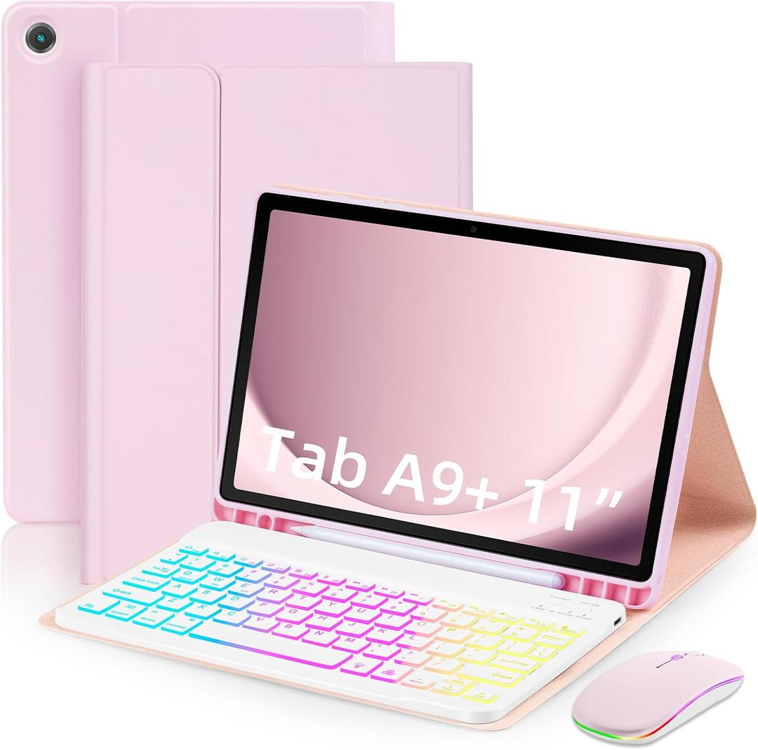 Case with Keyboard Mouse for Samsung Galaxy Tab A11 Plus/A9 Plus 2025/2023 11 inch,7 Color Rainbow Backlight Detachable USB-C Keyboard Magnetic Case with Pen Slot for Tablet A11+ A9+ 5G, Pink