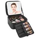 Relavel Travel Makeup Bag With LED Mirror, Cosmetic Train Case with Light up Mirror, Portable Makeup Artist Organizer Bag with Adjustable Dividers, Makeup Brush Holder Storage, Black (1-Small)