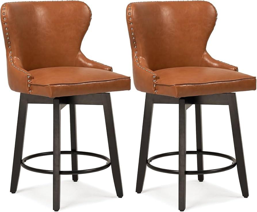 CUYOCA Swivel Bar Stool Counter Height Barstool with Rivet Trim Wing Backs & Wood Frame Legs, Upholstered Traditional Barstools for Kitchen Island Pub Bistro, Saddle Brown (2 Pieces - 26" Counter Height)