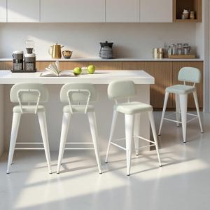 24" Bar Stools Set of 4, Faux Leather Counter Height Barstools with Low Back, Upholstered Bar Chairs with Pet-Friendly Design, Off-White