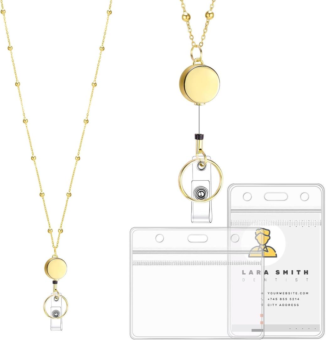 Lanyards for Id Badges Stainless Steel Badge Lanyard with 2 Pcs Waterproof Badge Holder Retractable Badge Lanyards Teacher Lanyard for Cruise Ship Key Cards Id Badges (Gold)