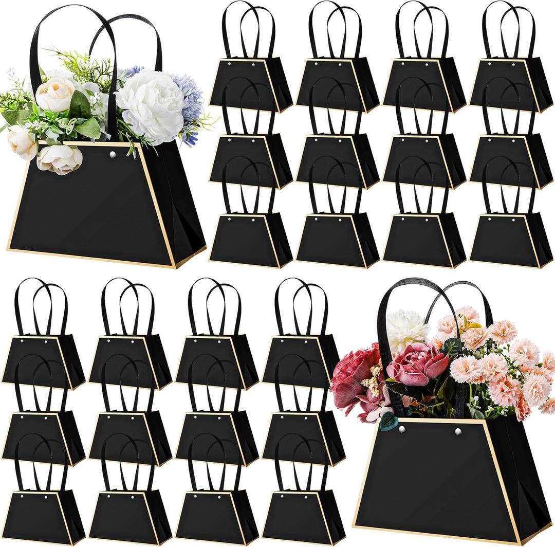 Noveread 24 Pcs Valentine's Day Floral Gift Bags Bulk Portable Bouquet Wrapping Paper Bag with Handle Waterproof Flower Florist Wrap Centerpiece Box for Women Anniversary Wedding Birthday(Black)