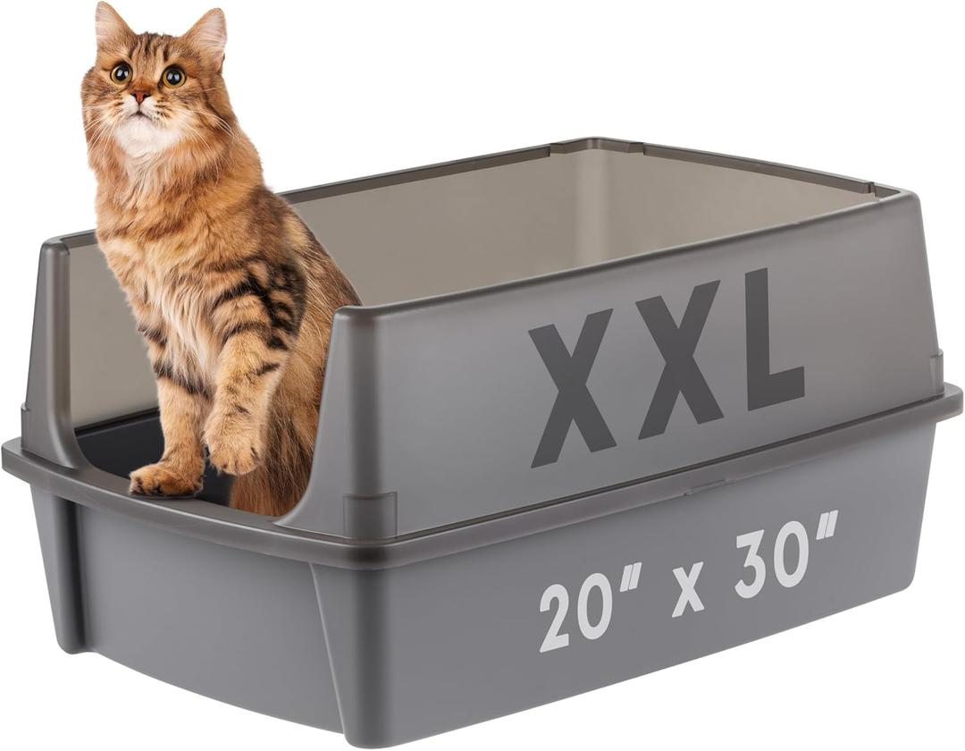IRIS USA Cat Litter Box XX-Large Open Top with High Sided Walls Tall Scatter Shield Scoop Included Easy Clean Plastic Pan for Big Cats Kittens Multi-Cat Households 30" L x 20" W x 14" H Gray