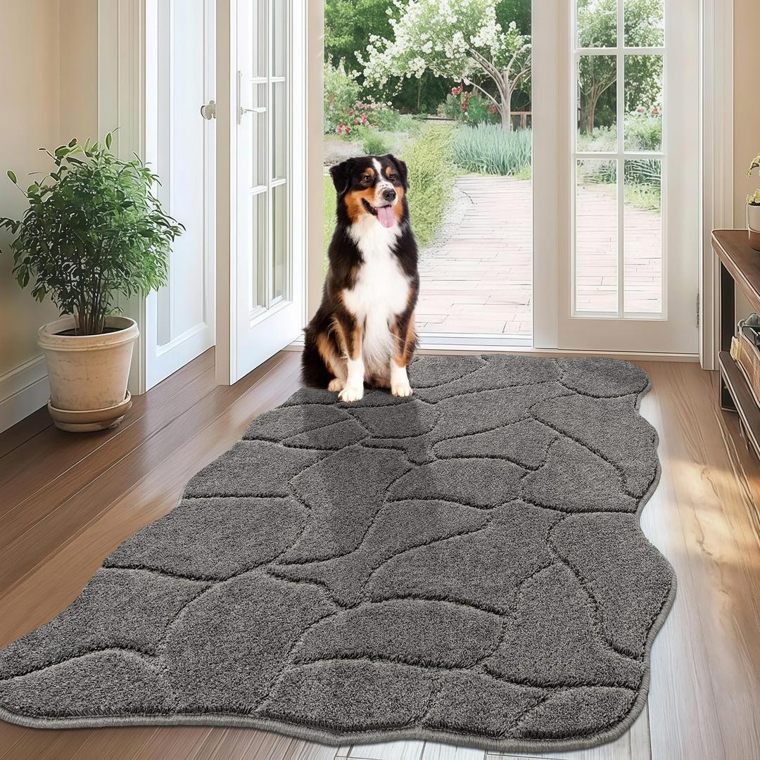 Large Dog Door Mat for Muddy Paws, 32x47 Absorbent Dirt Trapper Long Door Mat, Non-Slip Washable Mud Mat for Dogs, Polyester Microfiber Soft Pet Rug Mat for Entryway, Mud Dog Paws, Patio (Gray)