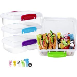 4 Pack Plastic Snack Containers with Lids, 2 Compartment Food Container for Kids Snack Box, Travel Bento Lunch Containers with forks for Fruits/Candies, Divided Food Storage Containers for School (Bright-Color)