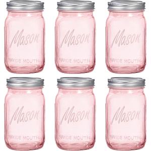 WELLIFE Pink Mason Jars 32 oz,6 Pack Wide Mouth Mason Jars for Safe Storage,Fermenting,Pickling,DIY,Crafts Decoration