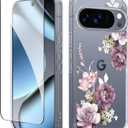 GVIEWIN for Google Pixel 10 Pro XL Case with Screen Protector, [Military Grade Drop Protection] Non Yellowing Clear Floral Slim Phone Cover for Women 2025 6.8" (Cherry Blossoms/Purple)
